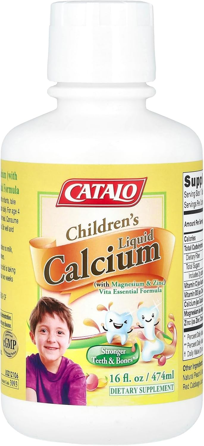 Children's Liquid Calcium with Magnesium, Zinc, Peach Mango Flavor - Bone & Teeth Growth, Immunity Boost - High Absorption, No Artificial Colors/Flavors