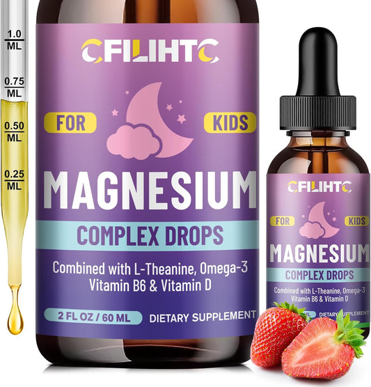 Children's Magnesium Calm Liquid Drops with L-Theanine, Omega-3, Vitamin B6 & D3 - 2 Fl Oz Kids Magnesium Glycinate Supplement for Sleep, Relaxation, Brain, Bones