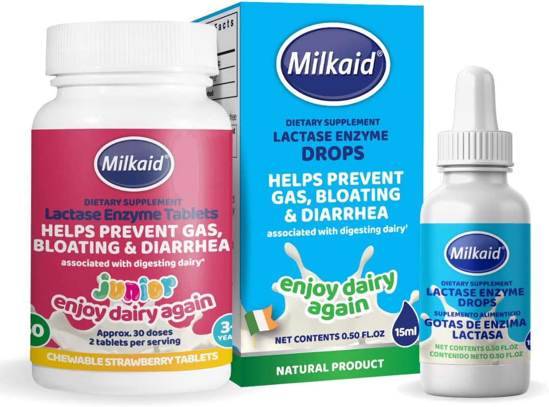 Children's Milkaid Junior Chewable Tablets & Drops for Lactose Intolerance Relief | Prevent Gas, Bloating, Diarrhea | Fast-Acting Dairy Digestive Supplement
