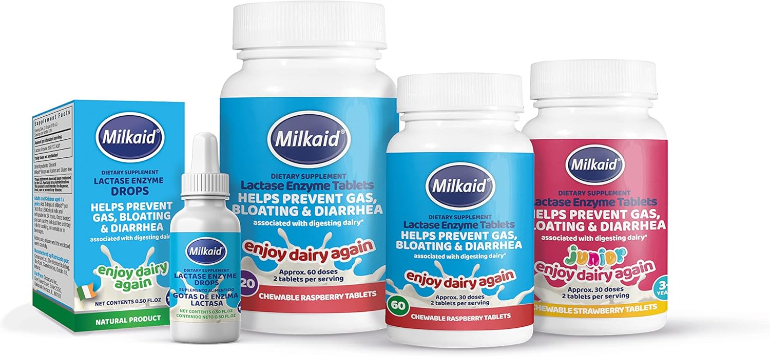 Children's Milkaid Junior Chewable Tablets & Drops for Lactose Intolerance Relief | Prevent Gas, Bloating, Diarrhea | Fast-Acting Dairy Digestive Supplement