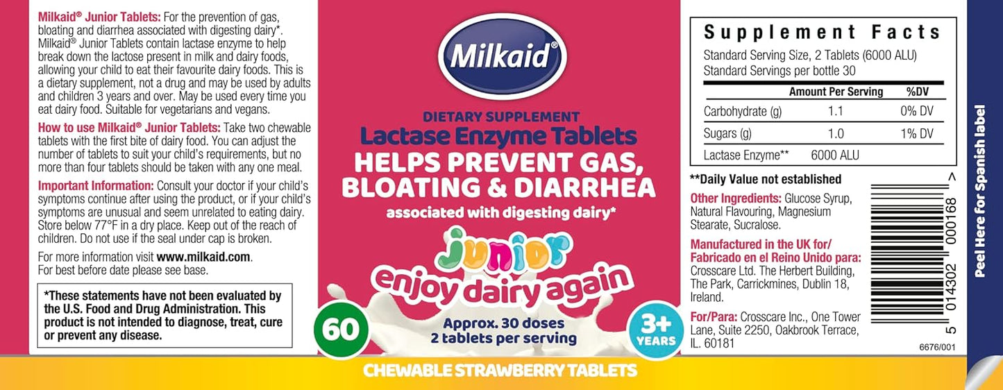 Children's Milkaid Junior Chewable Tablets & Drops for Lactose Intolerance Relief | Prevent Gas, Bloating, Diarrhea | Fast-Acting Dairy Digestive Supplement