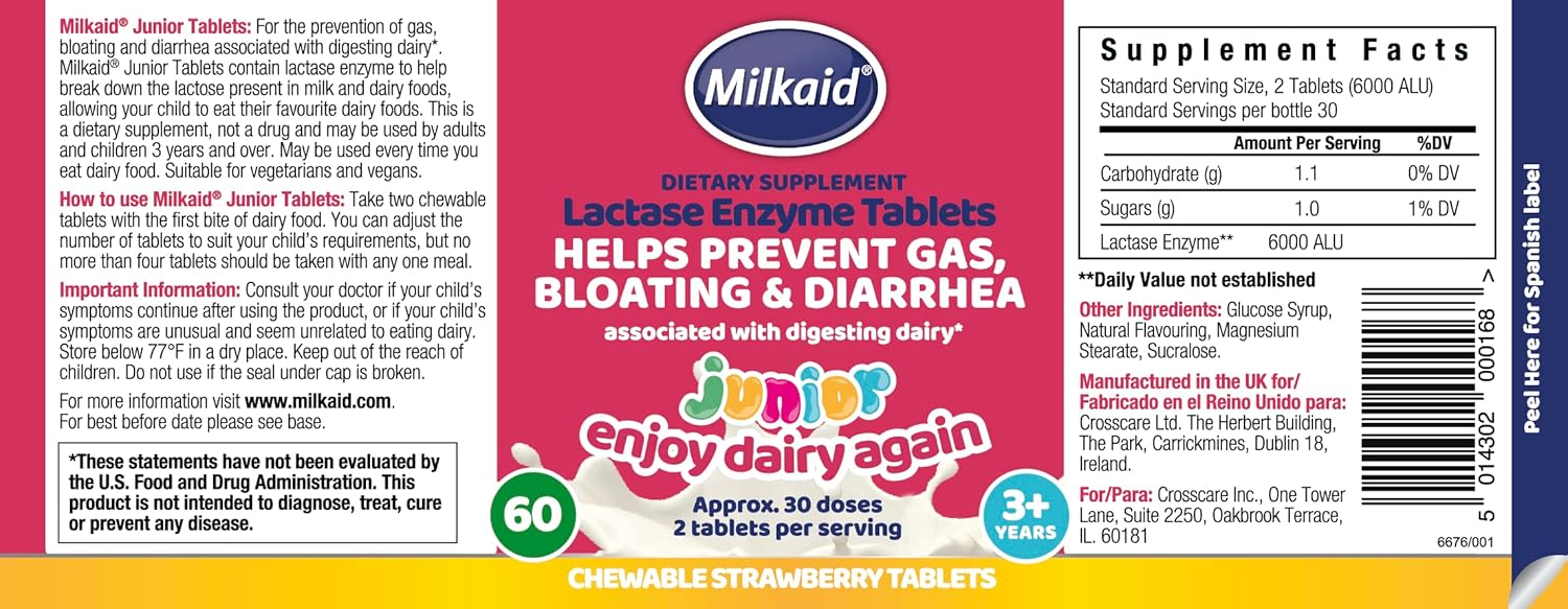 Children's Milkaid Junior Chewable Tablets & Drops for Lactose Intolerance Relief | Prevent Gas, Bloating, Diarrhea | Fast-Acting Dairy Digestive Supplement