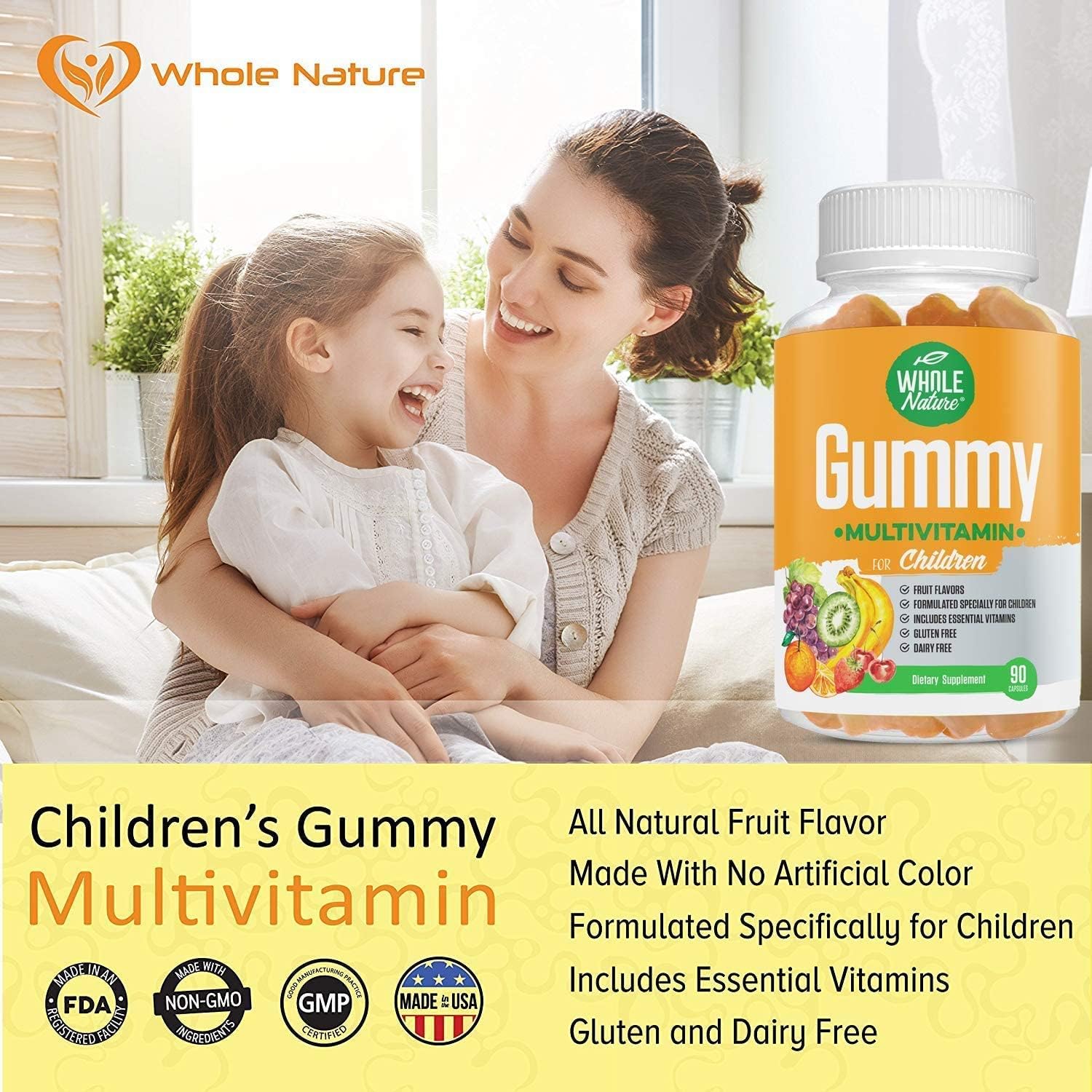 Childrens Multivitamin Gummies - Whole Nature Kids Vitamins with Minerals for Overall Wellness, 90 Fruit Flavor Supplements, No Artificial Sugar - Dairy and Gluten Free