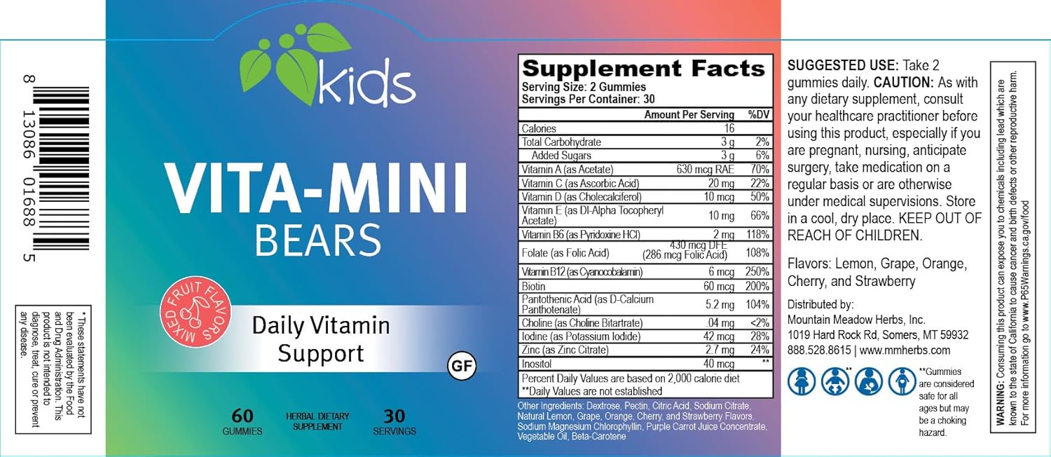 Children's Multivitamin Gummies with Biotin, Folic Acid, Zinc | Mountain Meadow Herbs Vita-Mini Bears | Supports Healthy Development | 60 Fruit Gummies