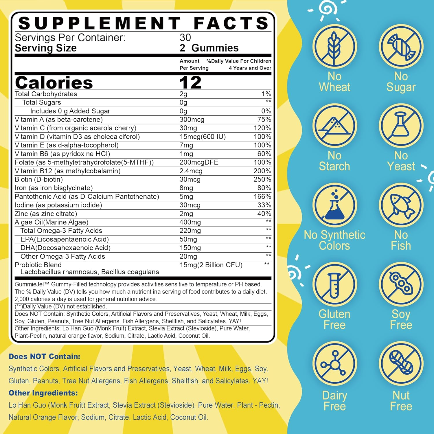 Children's Multivitamin Gummies with Iron, Butyrate, Probiotic, Prebiotic, and Postbiotic for Healthy Growth