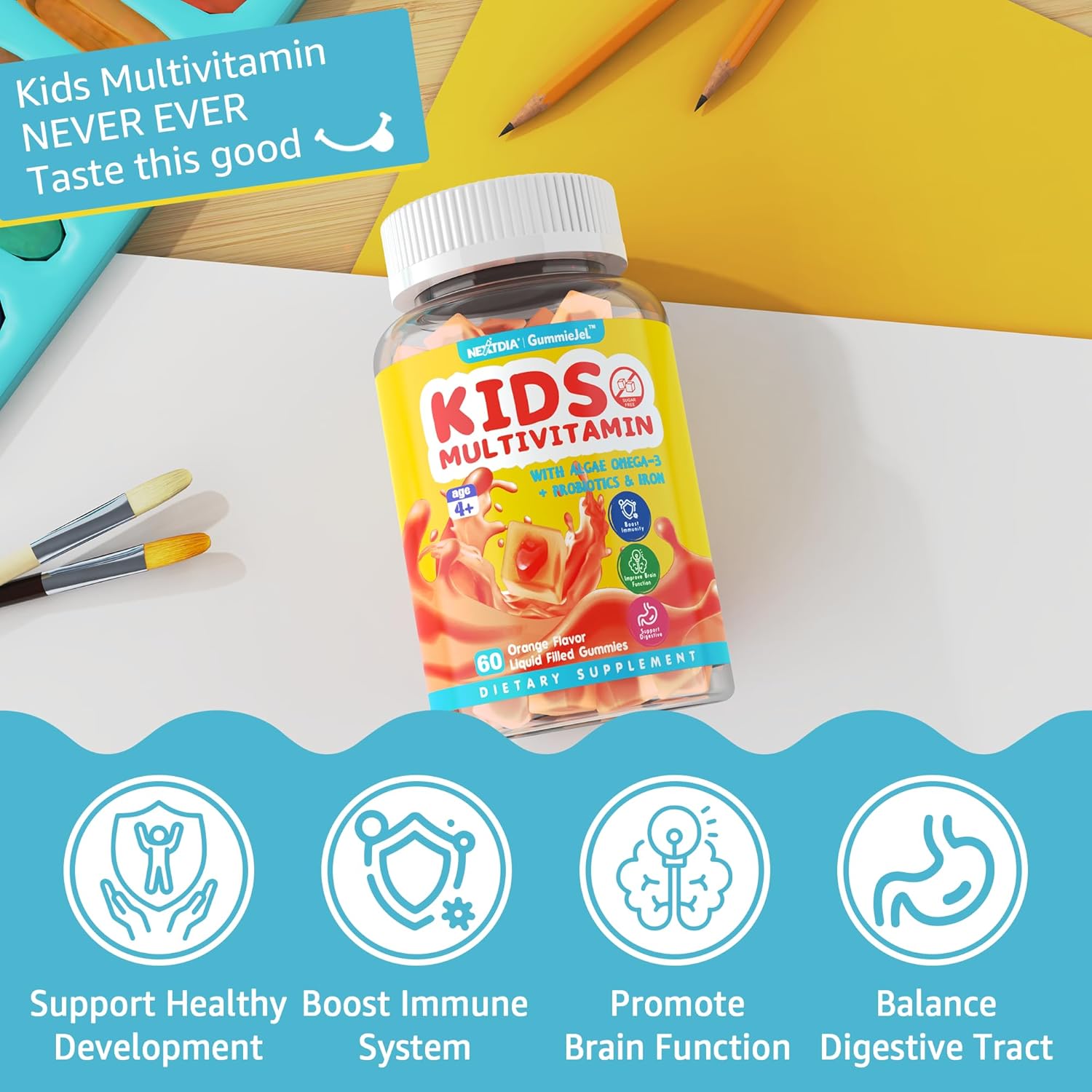 Children's Multivitamin Gummies with Iron, Butyrate, Probiotic, Prebiotic, and Postbiotic for Healthy Growth