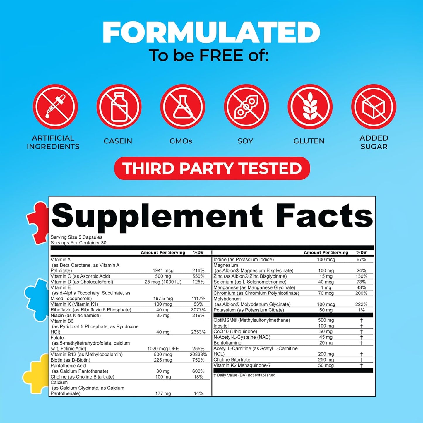 Children's Multivitamin Supplement with Acetyl-l-carnitine, Choline, Coenzyme Q10, Inositol, MSM, MTHF, NAC - Supports Daily Nutritional Needs and Cognitive Health (150 Capsules)