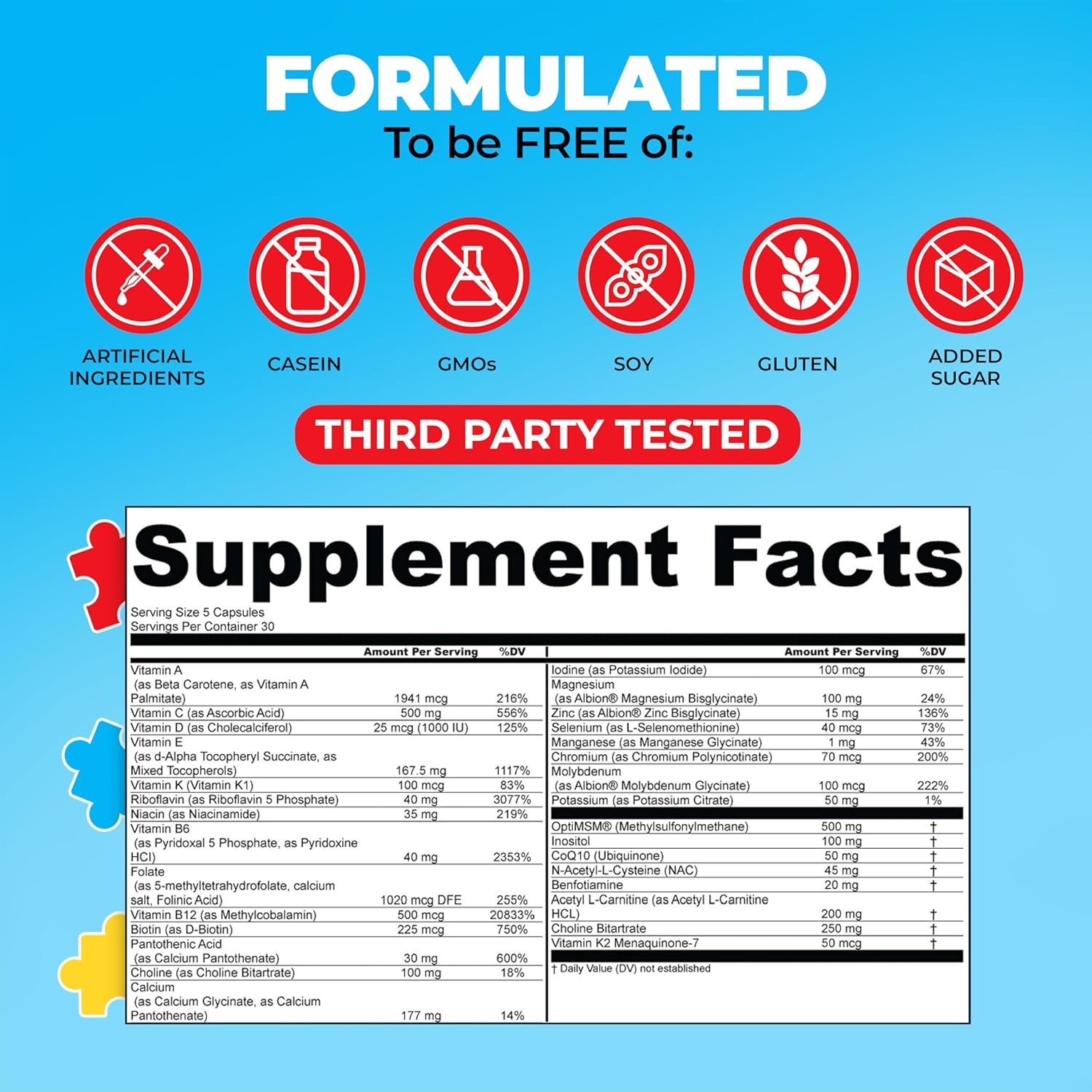 Children's Multivitamin Supplement with Acetyl-l-carnitine, Choline, Coenzyme Q10, Inositol, MSM, MTHF, NAC - Supports Daily Nutritional Needs and Cognitive Health (150 Capsules)