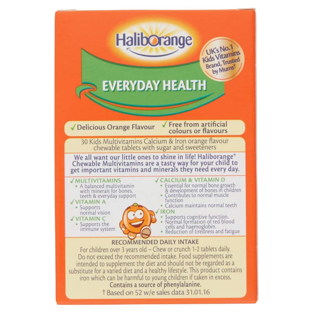 Children's Multivitamin Supplement with Calcium & Iron - 30 Orange Flavour Chewable Tablets by Haliborange Seven Seas