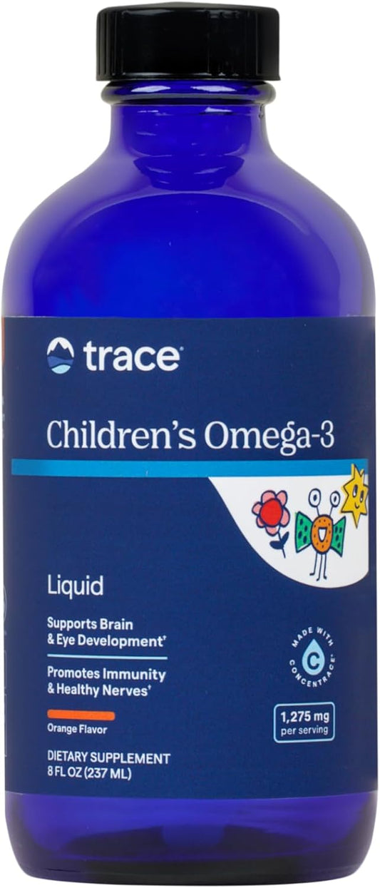 Children's Omega-3 Liquid Supplement with Trace Minerals for Nervous & Immune System Support - 8 fl oz Orange Flavor - Brain & Eye Health for Kids with EPA & DHA