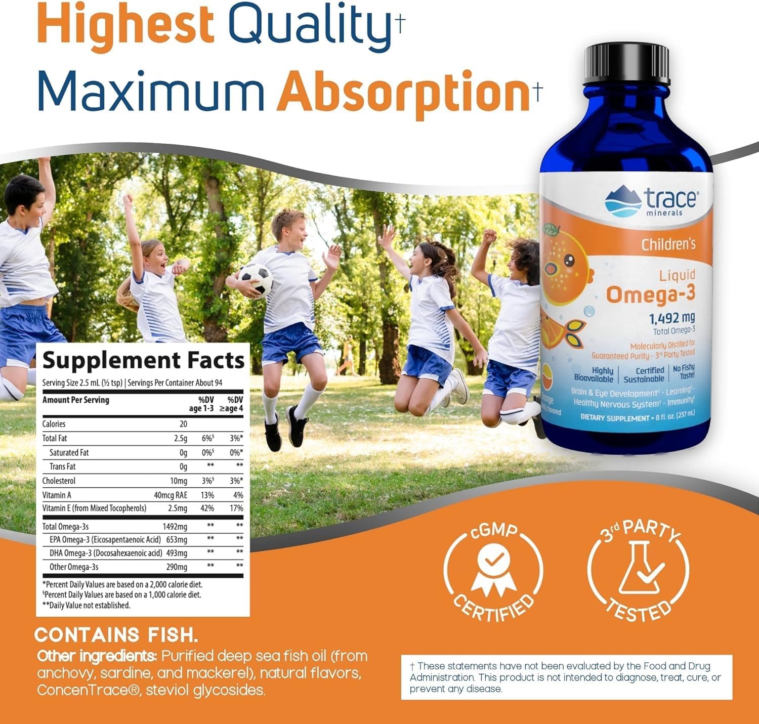 Children's Omega-3 Liquid Supplement with Trace Minerals for Nervous & Immune System Support - 8 fl oz Orange Flavor - Brain & Eye Health for Kids with EPA & DHA