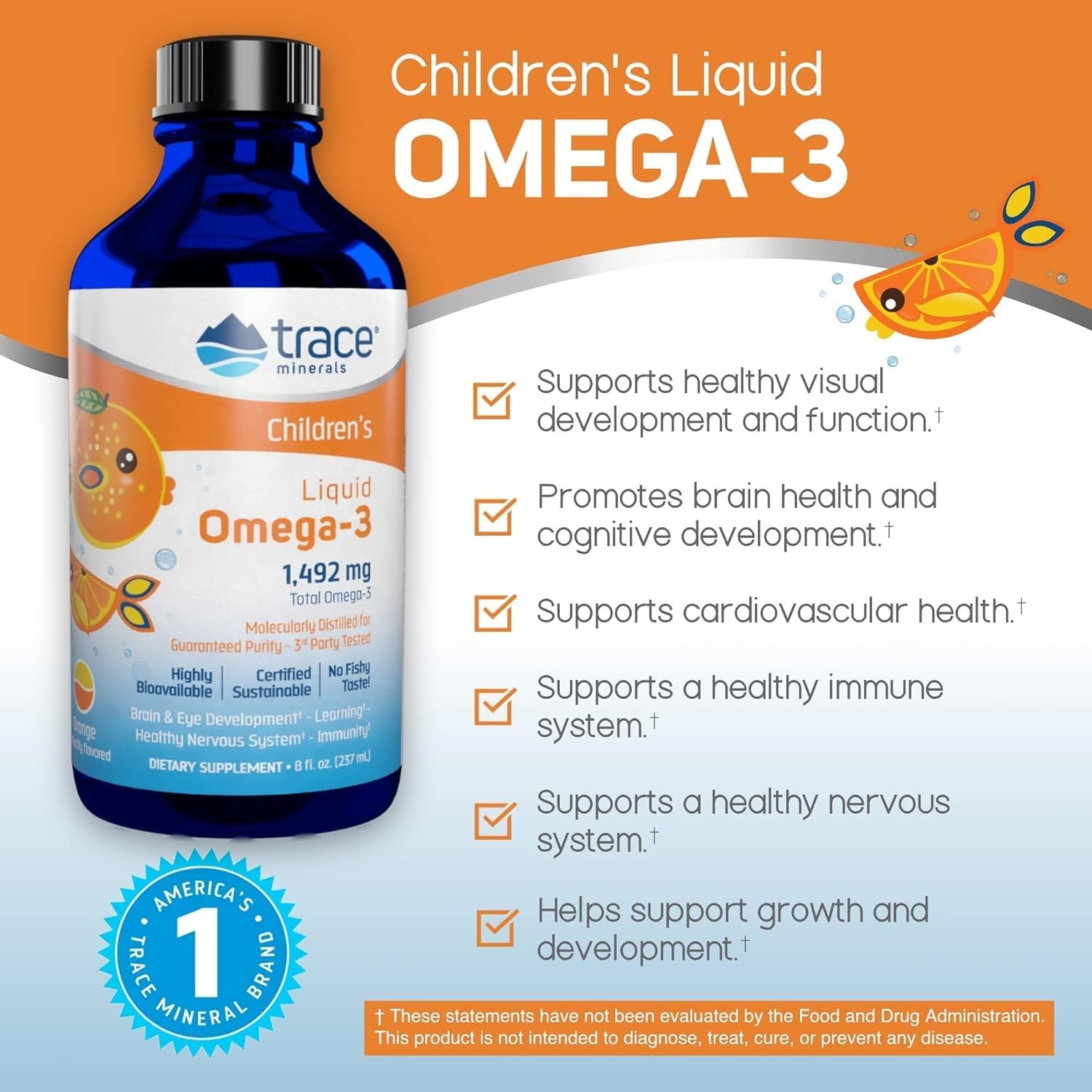 Children's Omega-3 Liquid Supplement with Trace Minerals for Nervous & Immune System Support - 8 fl oz Orange Flavor - Brain & Eye Health for Kids with EPA & DHA