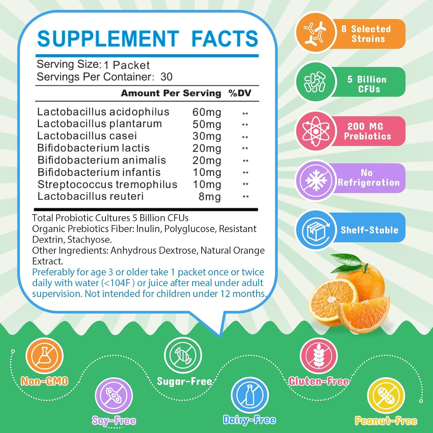 Children's Probiotic & Prebiotic Powder for Digestive & Immune Support, Ages 3+, Non-GMO, Gluten-Free, 30 Packets, 5 Billion CFUs