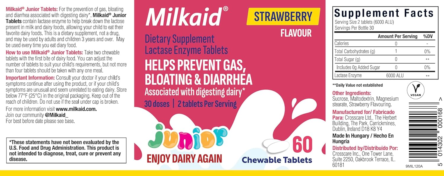 Children's Strawberry Flavored Lactase Enzyme Chewable Tablets for Lactose Intolerance - 60 ct - Fast-Acting Dairy Digestive Supplement - Prevents Gas, Bloating, Diarrhea in Kids