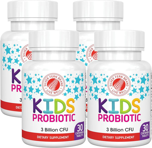 Children's Ultimate Probiotic by Silver Fern Brand - 4 Bottles of 30 Chewable Tablets - Sugar & Gluten Free - DNA Verified - Digestive & Immune Support