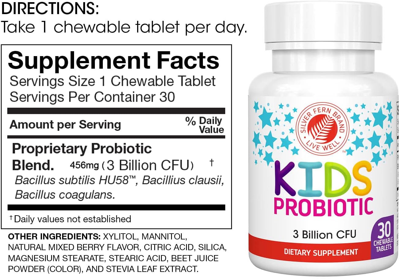 Children's Ultimate Probiotic by Silver Fern Brand - 2 Bottles x 30 Chewable Tablets - Gluten & Sugar Free - DNA Verified - Digestive & Immune Support