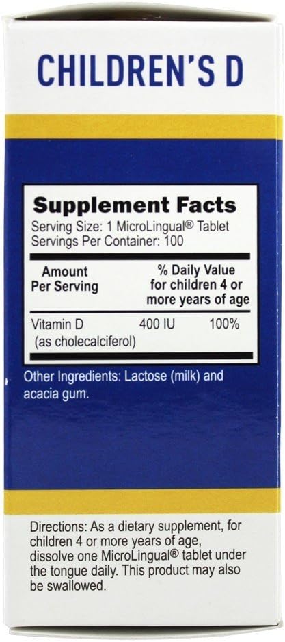 Children's Vitamin D3 400 IU MicroLingual Tablets for Strong Bones, Teeth, and Immune Support - 100 Count