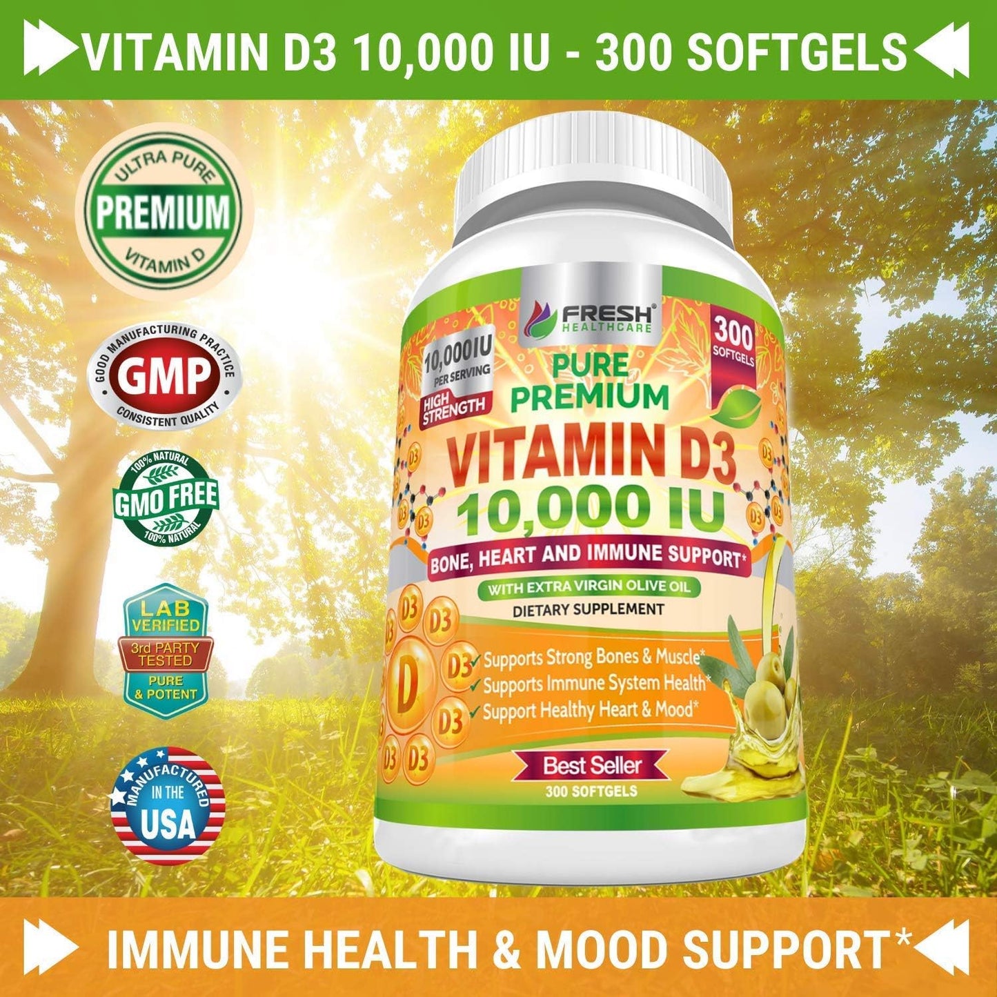 Chlorella and Vitamin D3 10,000 IU Bundle by FRESH HEALTHCARE for Immune Support and Overall Wellness