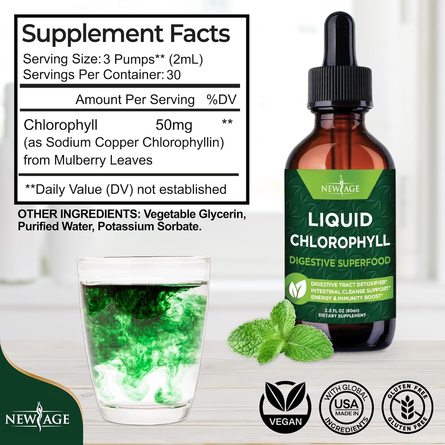Chlorophyll Liquid Drops - Natural Energy Booster for Digestion, Immune System, Liver Function - Internal Deodorant, 2 Fl Oz