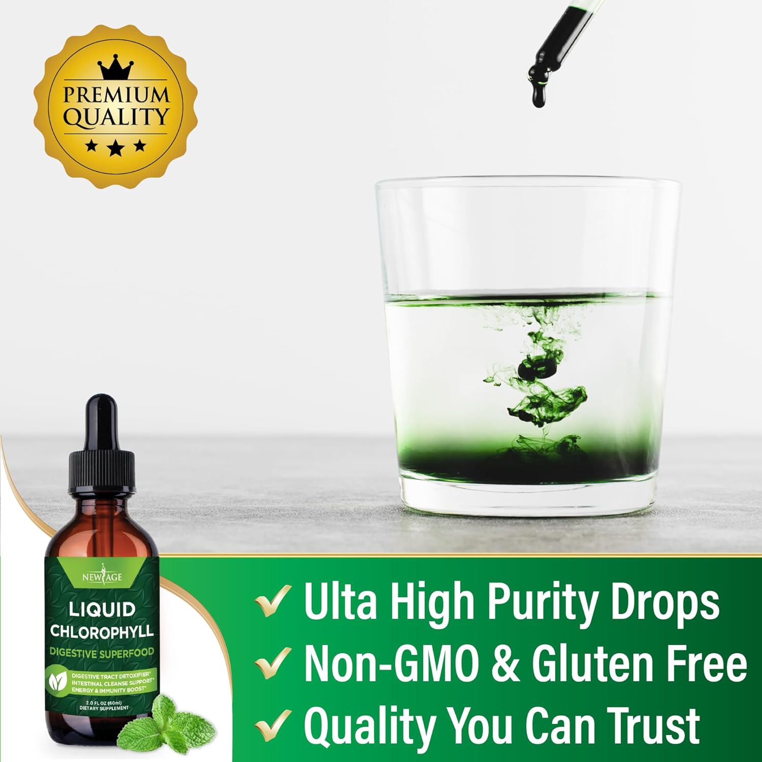 Chlorophyll Liquid Drops - Natural Energy Booster for Digestion, Immune System, Liver Function - Internal Deodorant, 2 Fl Oz