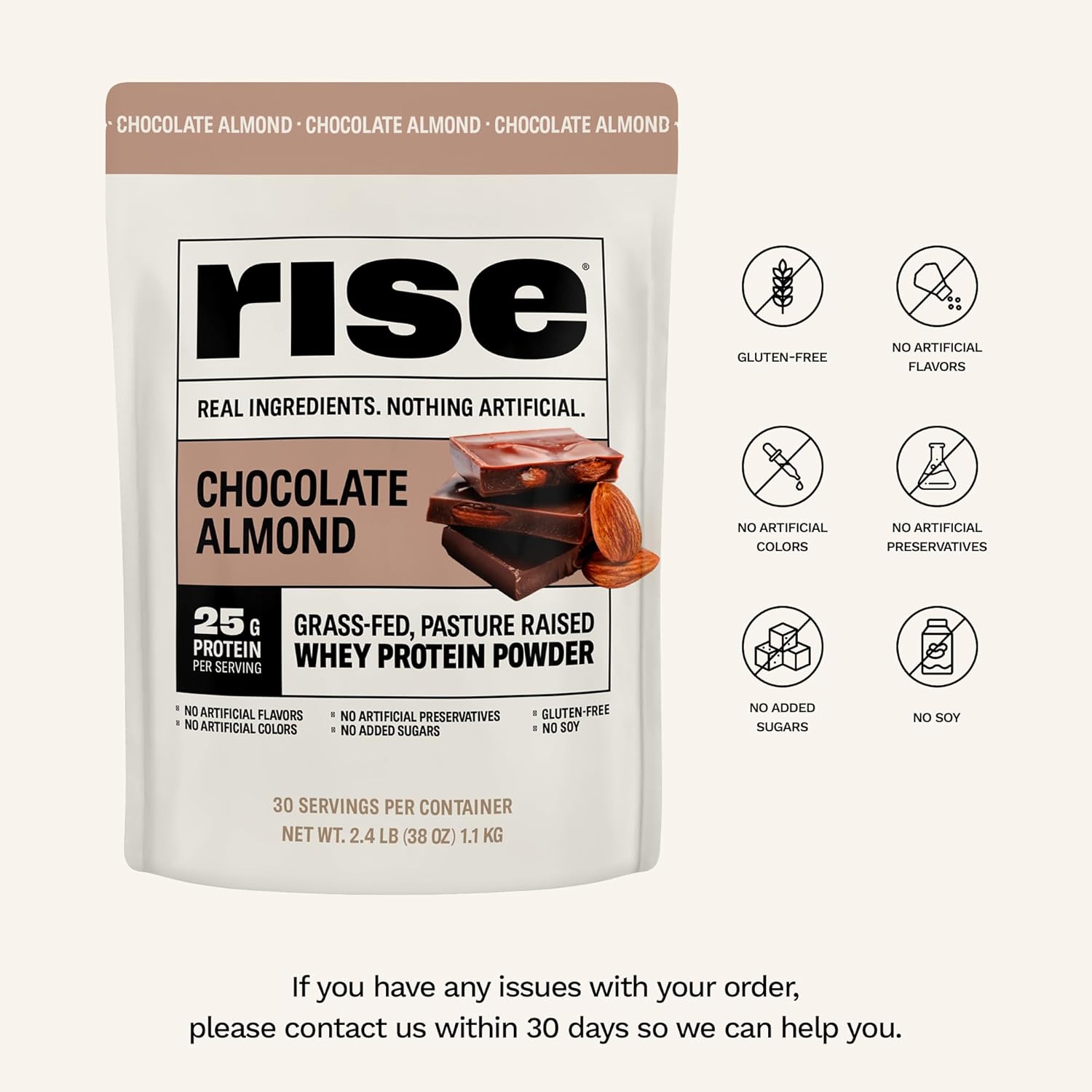 Chocolate Almond Grass-Fed Whey Protein Powder - 25g Protein, No Artificial Ingredients, Sugar-Free, Gluten-Free, Soy-Free - Single Serving