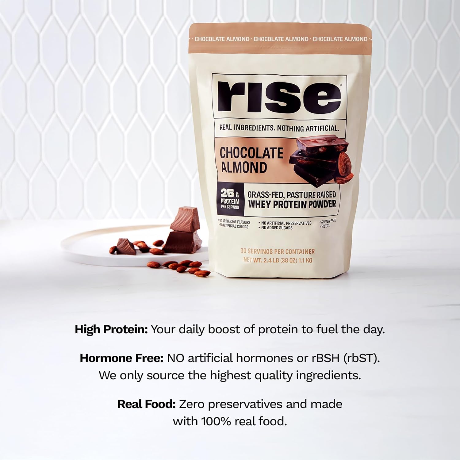 Chocolate Almond Grass-Fed Whey Protein Powder - 25g Protein, No Artificial Ingredients, Sugar-Free, Gluten-Free, Soy-Free - Single Serving