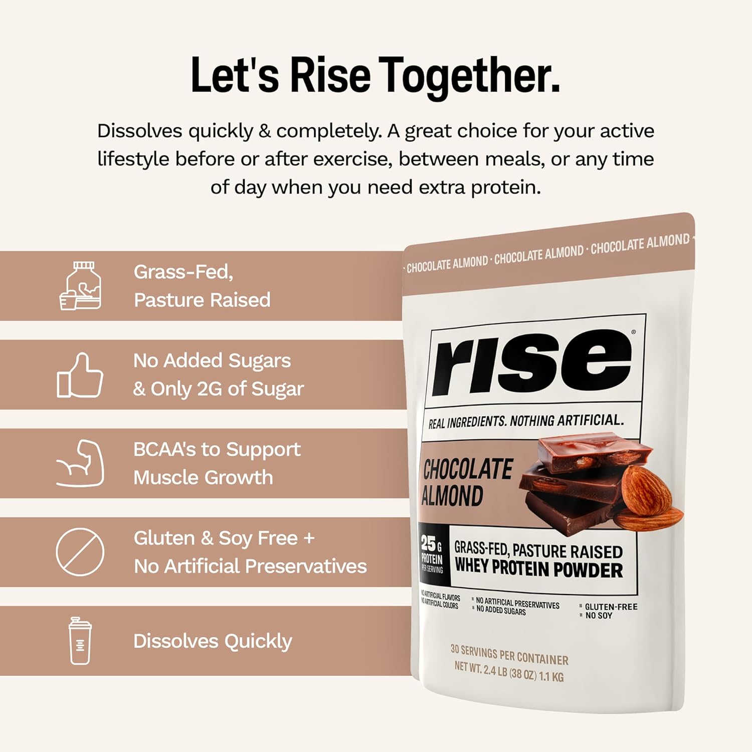 Chocolate Almond Grass-Fed Whey Protein Powder - 25g Protein, No Artificial Ingredients, Sugar-Free, Gluten-Free, Soy-Free - Single Serving