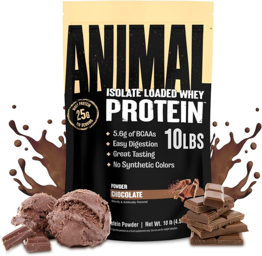 Chocolate Animal Whey Isolate Protein Powder - 25g Protein for Muscle Building & Recovery, Digestive Enzymes, Low Sugar - 10 lbs
