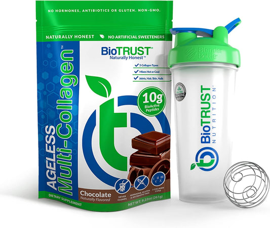 Chocolate BioTrust Ageless Multi Collagen Protein Powder with BlenderBottle - 5-in-1 Bundle