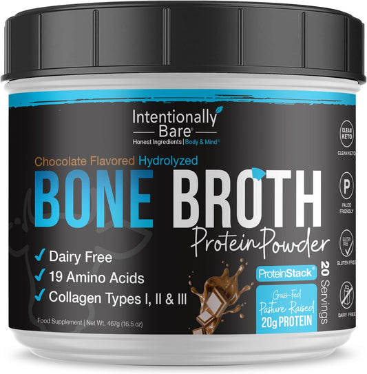 Chocolate Bone Broth Protein Powder with Collagen Peptide - 20g Protein for Skin, Hair, Joints, and Gut - Keto-Friendly - 20 Servings