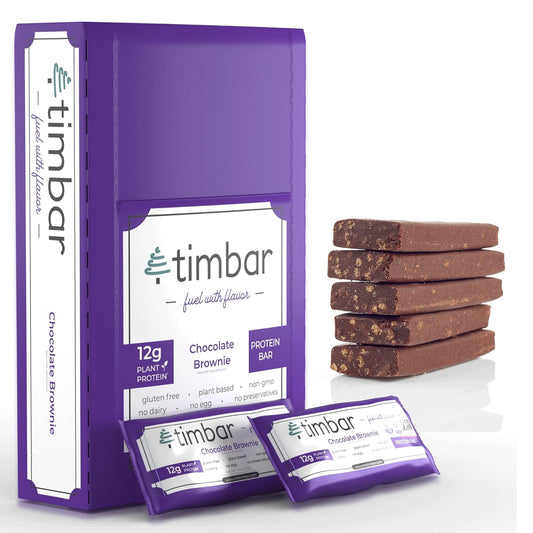 Chocolate Brownie Plant-Based Protein Bars (12 Bars) - Timbar, Non-GMO, Gluten-Free, Dairy-Free, Egg-Free, No Preservatives
