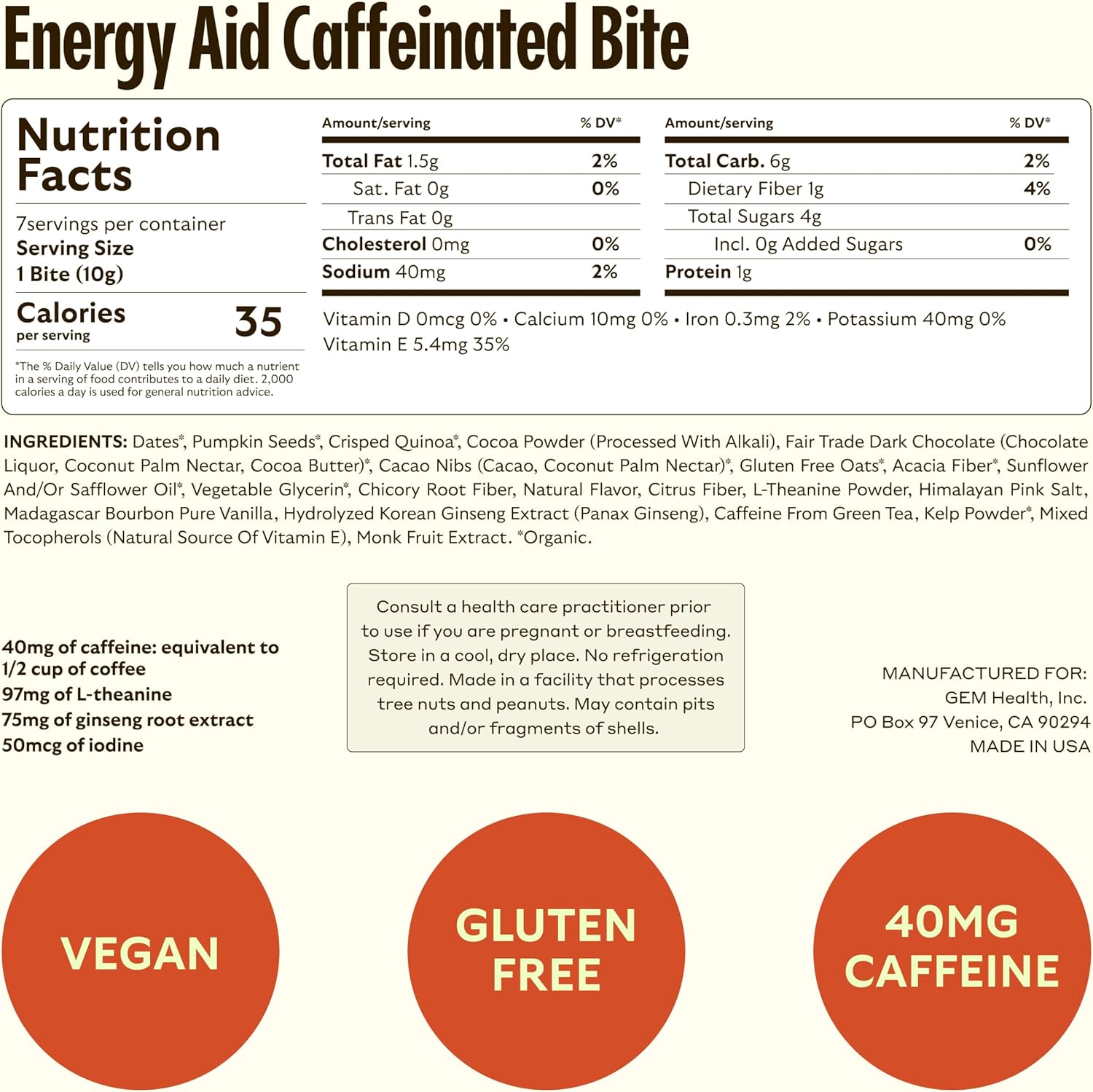 Chocolate Cacao Sea Salt Energy Bites with 40mg Caffeine, Ginseng Root, L-Theanine - Supports Metabolism & Endurance - 28 Servings