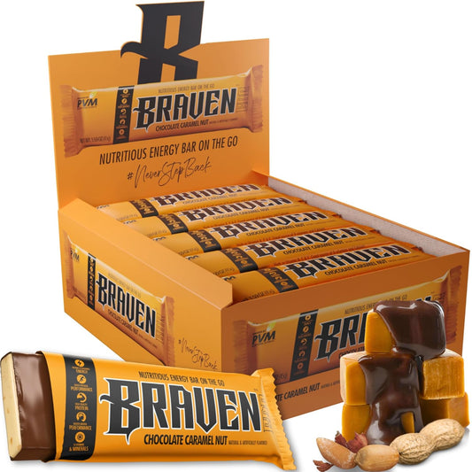 Chocolate Caramel Nut Energy Bars - 20 Pack, 1.59 oz Each - 5g Protein Energy Chews - Gluten Free Snacks for Running, Hiking, Sports