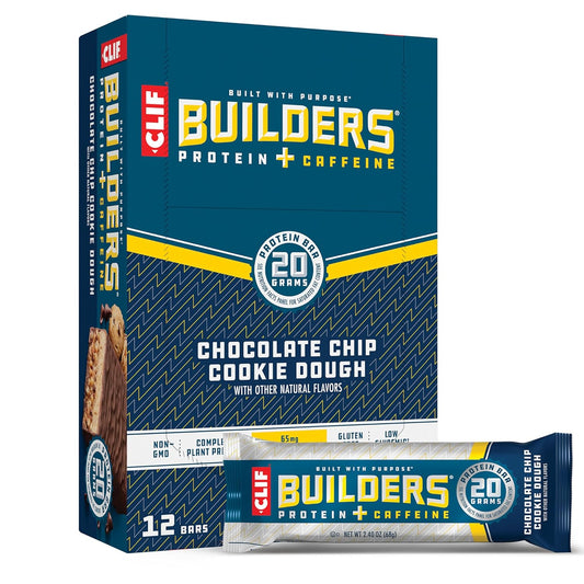 Chocolate Chip Cookie Dough CLIF Builders + Caffeine Protein Bars - Plant Based, Gluten Free, Non-GMO - 20g Protein - 2.4 oz (12 Pack)