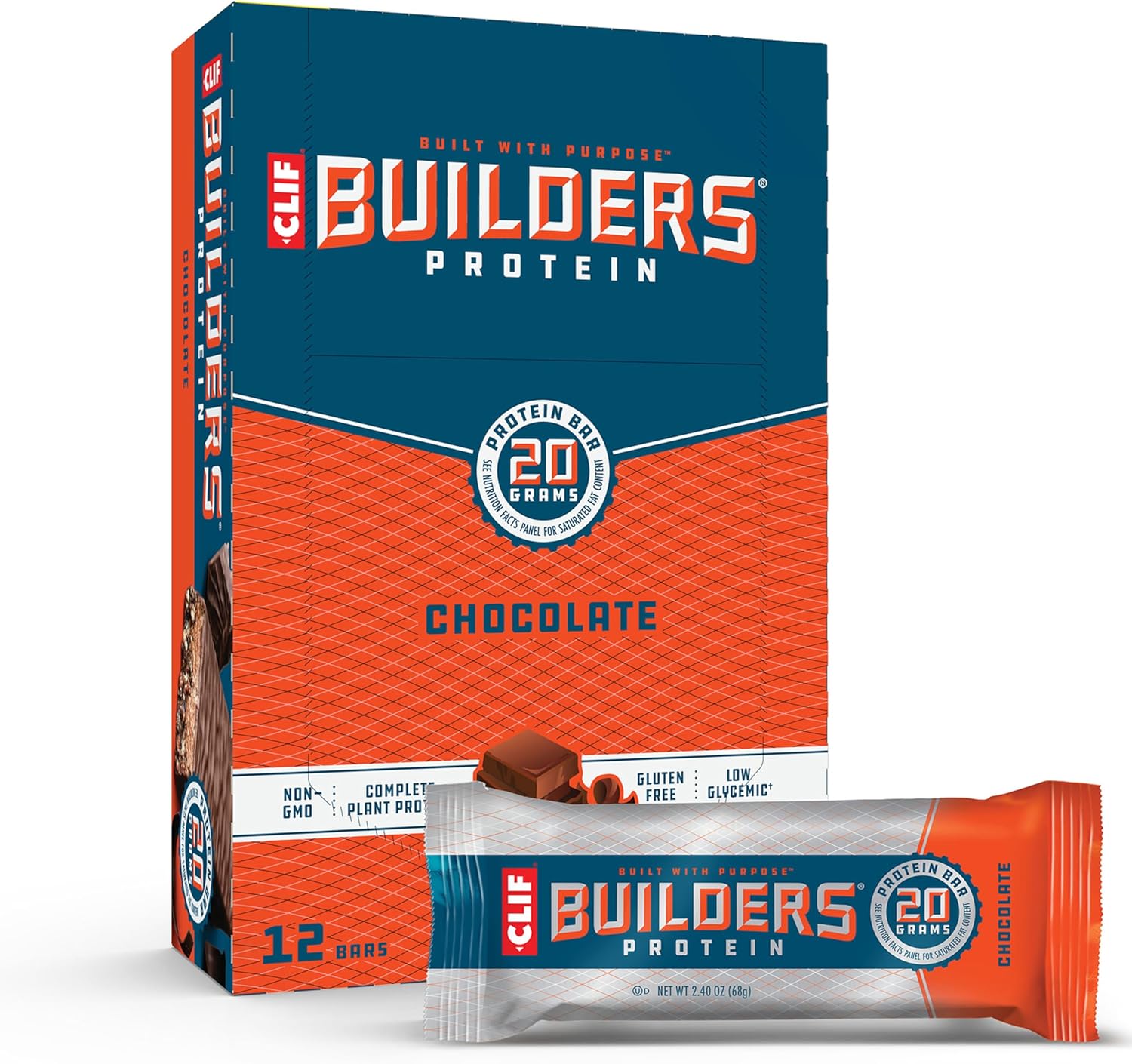 Chocolate CLIF Builders Protein Bars - Gluten-Free, Non-GMO, Low Glycemic - 20g Protein - 2.4 oz - 12 Count Pack