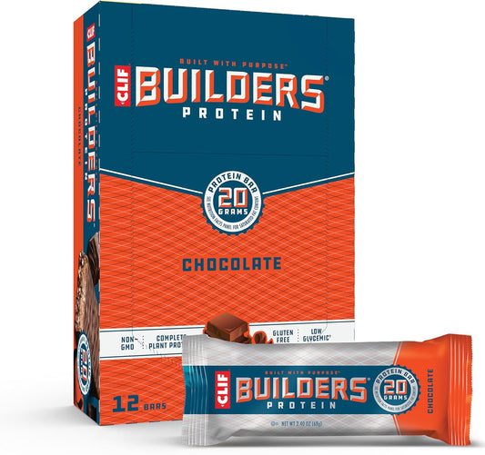 Chocolate CLIF Builders Protein Bars - Gluten-Free, Non-GMO, Low Glycemic - 20g Protein - 2.4 oz - 12 Count Pack