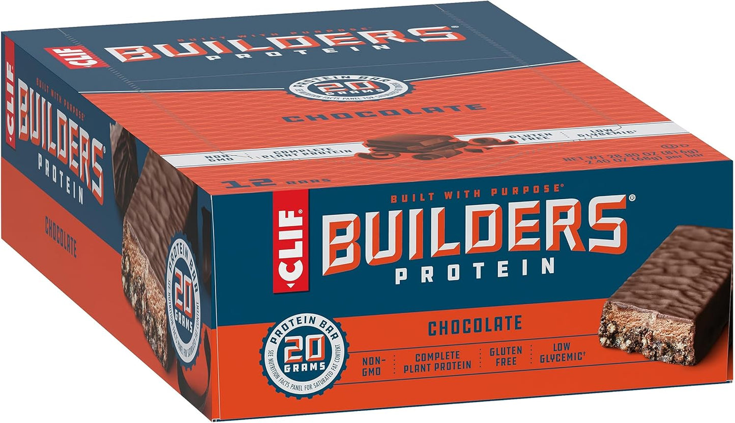 Chocolate CLIF Builders Protein Bars - Gluten-Free, Non-GMO, Low Glycemic - 20g Protein - 2.4 oz - 12 Count Pack
