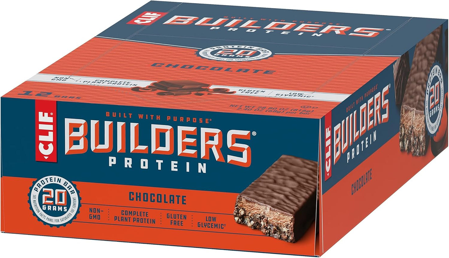 Chocolate CLIF Builders Protein Bars - Gluten-Free, Non-GMO, Low Glycemic - 20g Protein - 2.4 oz - 12 Count Pack