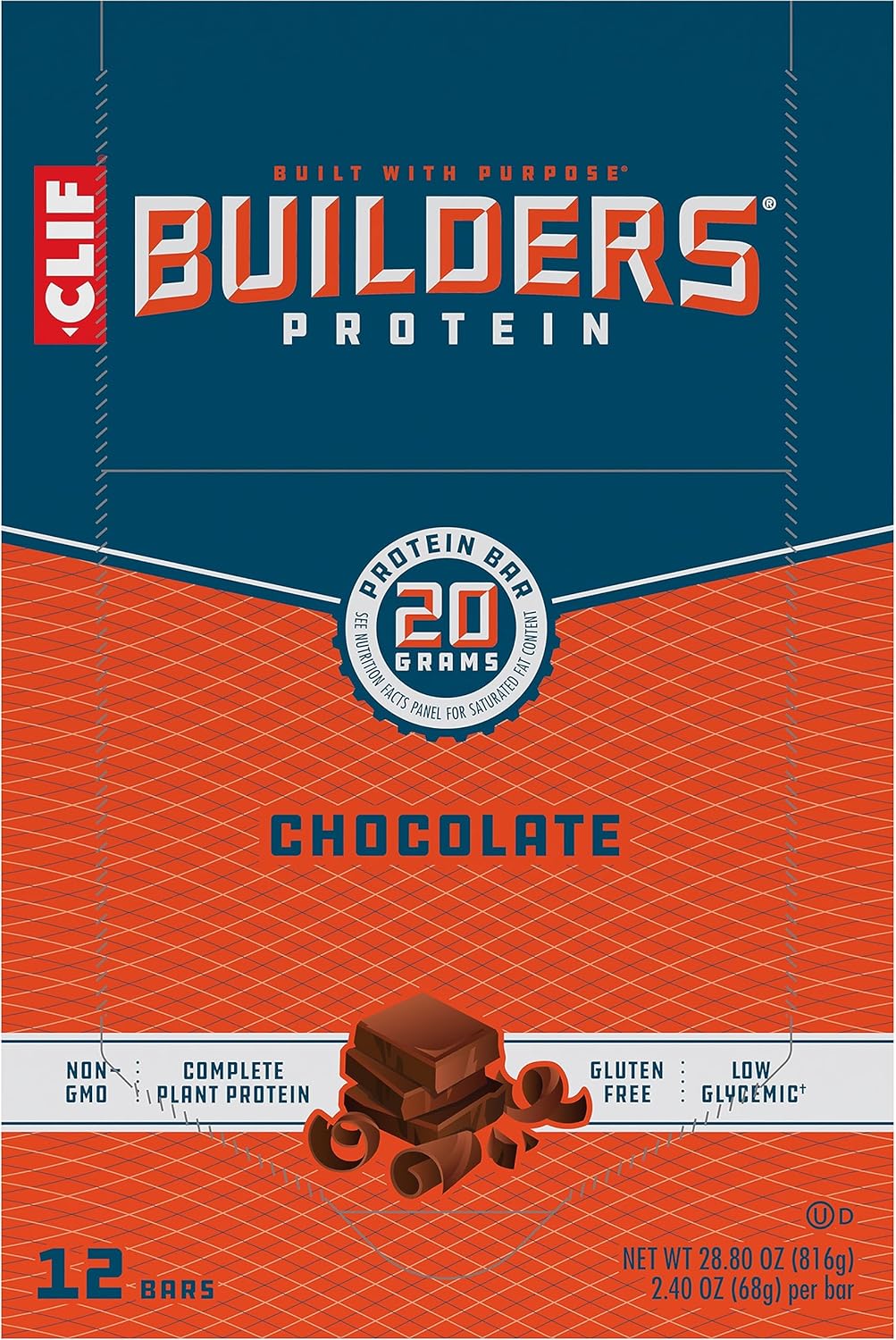 Chocolate CLIF Builders Protein Bars - Gluten-Free, Non-GMO, Low Glycemic - 20g Protein - 2.4 oz - 12 Count Pack