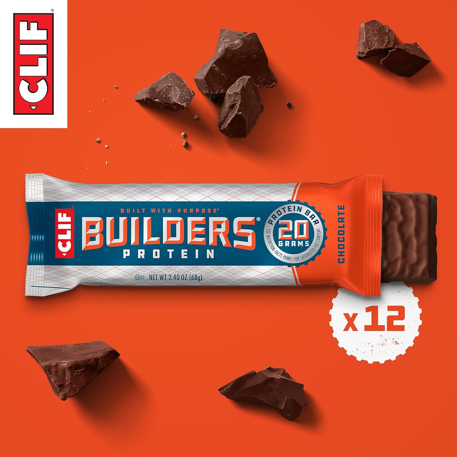 Chocolate CLIF Builders Protein Bars - Gluten-Free, Non-GMO, Low Glycemic - 20g Protein - 2.4 oz - 12 Count Pack