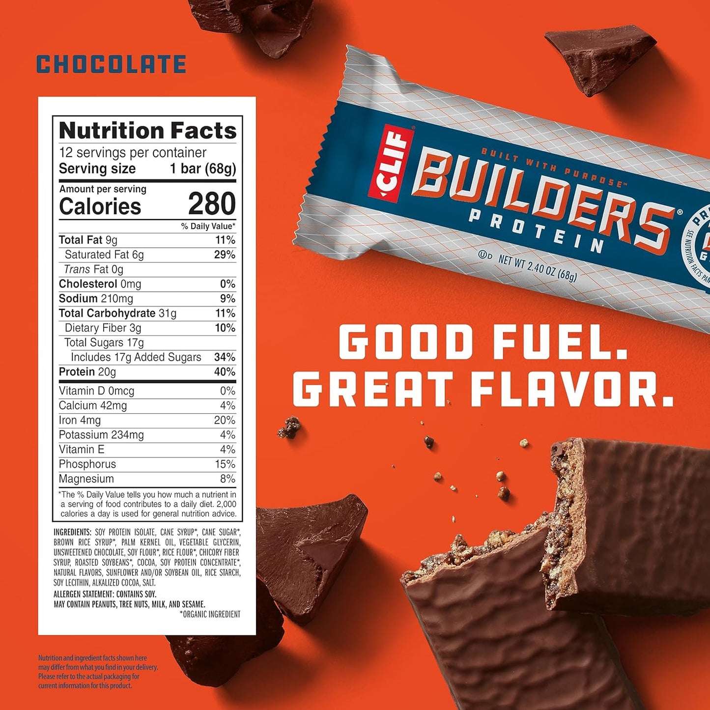 Chocolate CLIF Builders Protein Bars - Gluten-Free, Non-GMO, Low Glycemic - 20g Protein - 2.4 oz - 12 Count Pack