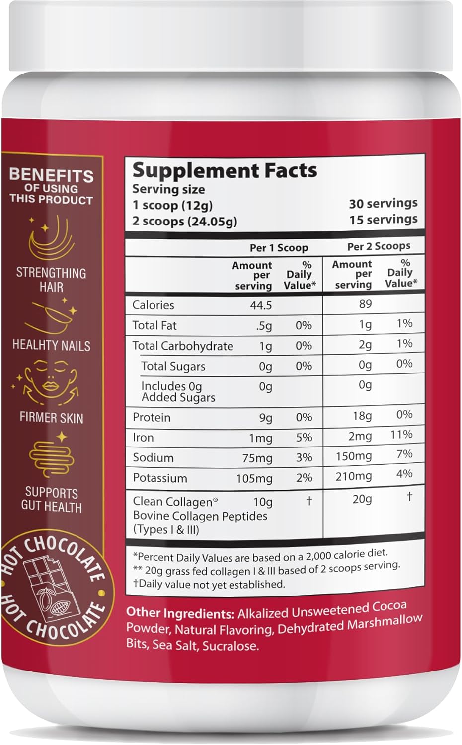 Chocolate Collagen Peptides Powder - Grass Fed Hydrolyzed Type 1&3 for Hair, Skin, Nails, Bones, Joints - 30 Servings (Hot Chocolate)