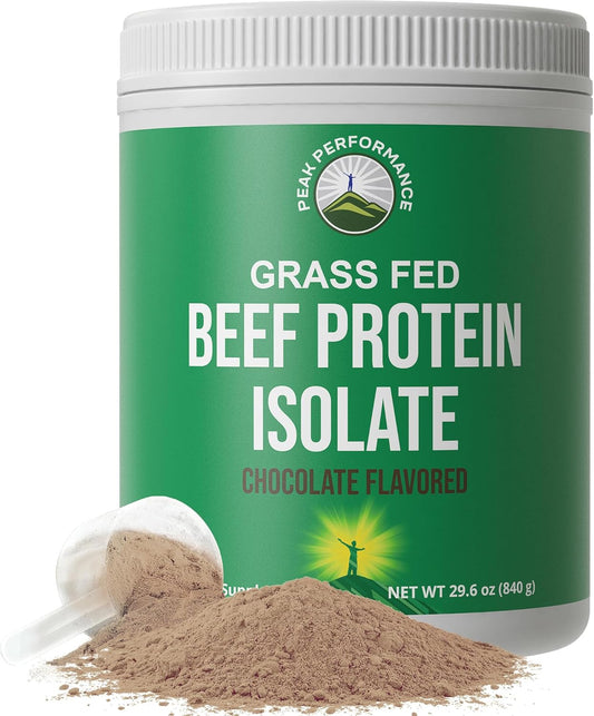 Chocolate Flavored Peak Performance Grass Fed Beef Protein Isolate - Non-Dairy Paleo Supplement for Muscle Building. Lactose-Free & Delicious Beef Protein Powder.