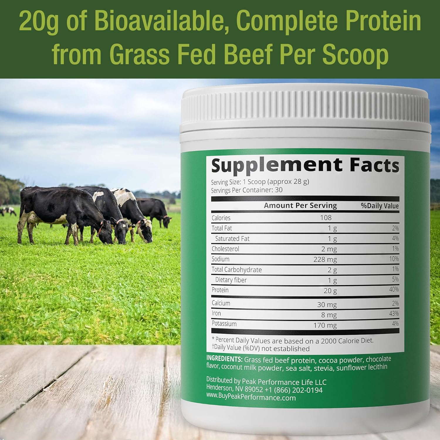 Chocolate Flavored Peak Performance Grass Fed Beef Protein Isolate - Non-Dairy Paleo Supplement for Muscle Building. Lactose-Free & Delicious Beef Protein Powder.