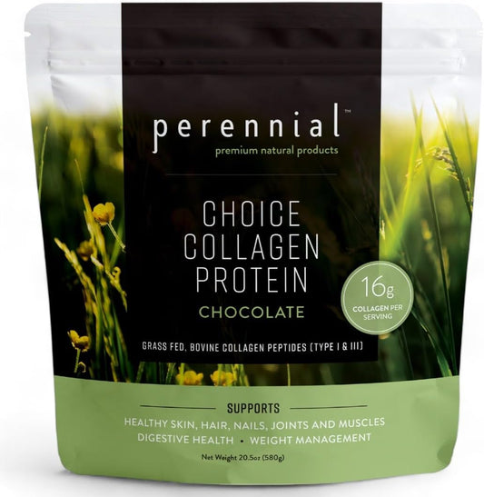 Chocolate Flavored Perennial Choice Collagen Protein Powder - Grass-Fed, Dairy-Free, Gluten-Free Formula for Skin, Joints, Muscle Recovery - 17g Protein per Serving - 20.5 oz