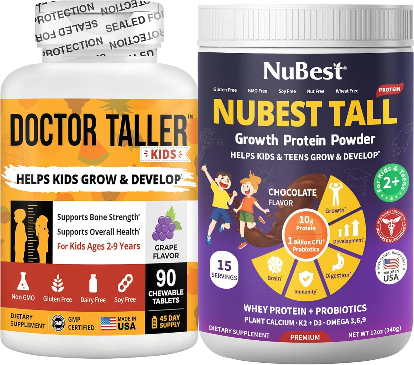 Chocolate Flavored Tall Growth Protein Powder Bundle + Doctor Taller Kids Chewable Tablets - Optimal Height Growth Support for Kids