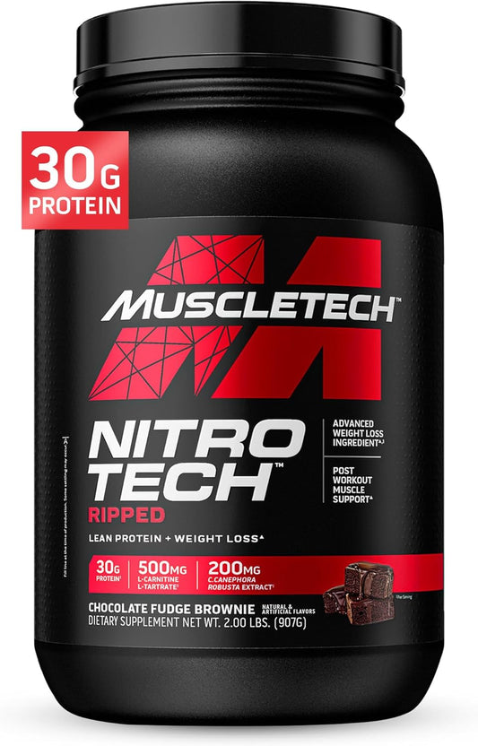 Chocolate Fudge Brownie Muscletech Whey Protein Powder - Nitro-Tech Ripped Isolate & Peptides Smoothie Mix - 30g Protein for Lean Muscle & Recovery