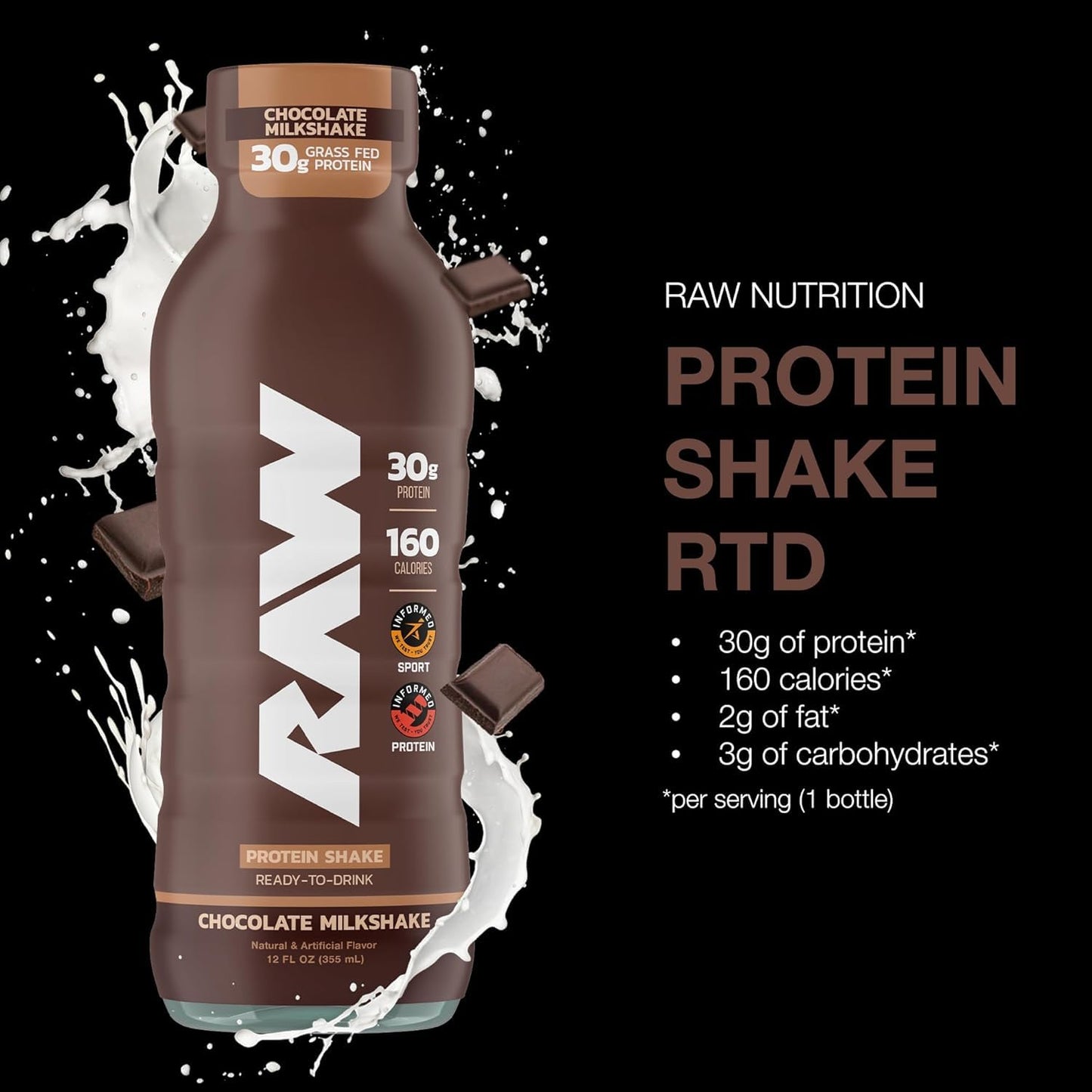 Chocolate Grass-Fed Whey Protein Shake - Ready-to-Drink Meal Replacement & Breakfast Drink with Zero Sugar - Post-Workout Protein Isolate Shake, 12 Fl Oz