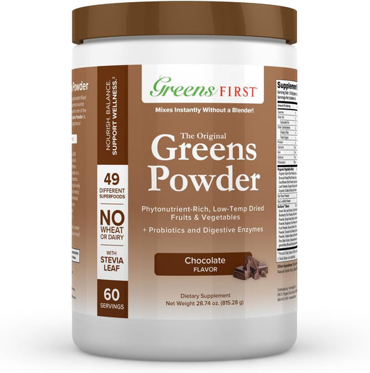 Chocolate Greens First Superfood Powder - 60 Servings, 49 Superfoods, Organic Fruits & Vegetables, Antioxidant Smoothie Mix - Dairy Free, Vegan, Non-GMO - 28.74 oz