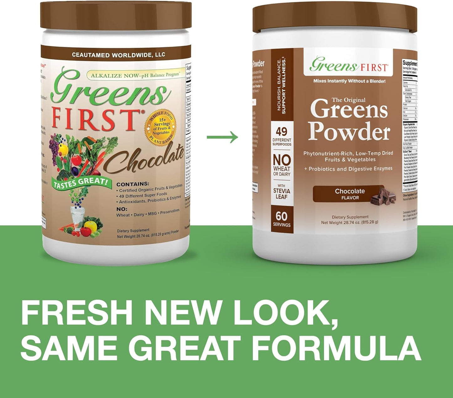 Chocolate Greens First Superfood Powder - 60 Servings, 49 Superfoods, Organic Fruits & Vegetables, Antioxidant Smoothie Mix - Dairy Free, Vegan, Non-GMO - 28.74 oz